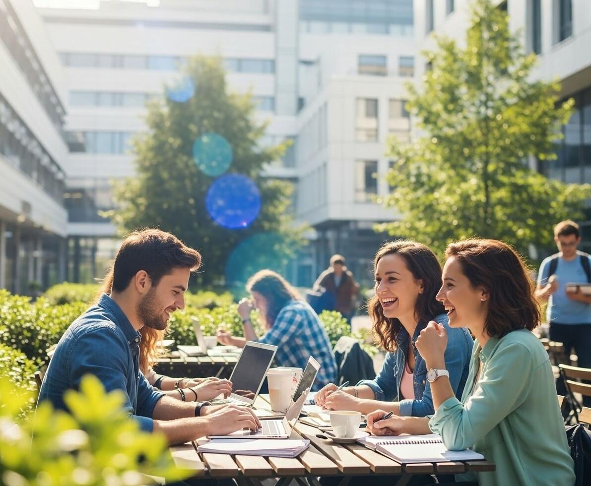 people talking and smiling at a table outside in the sunshine
